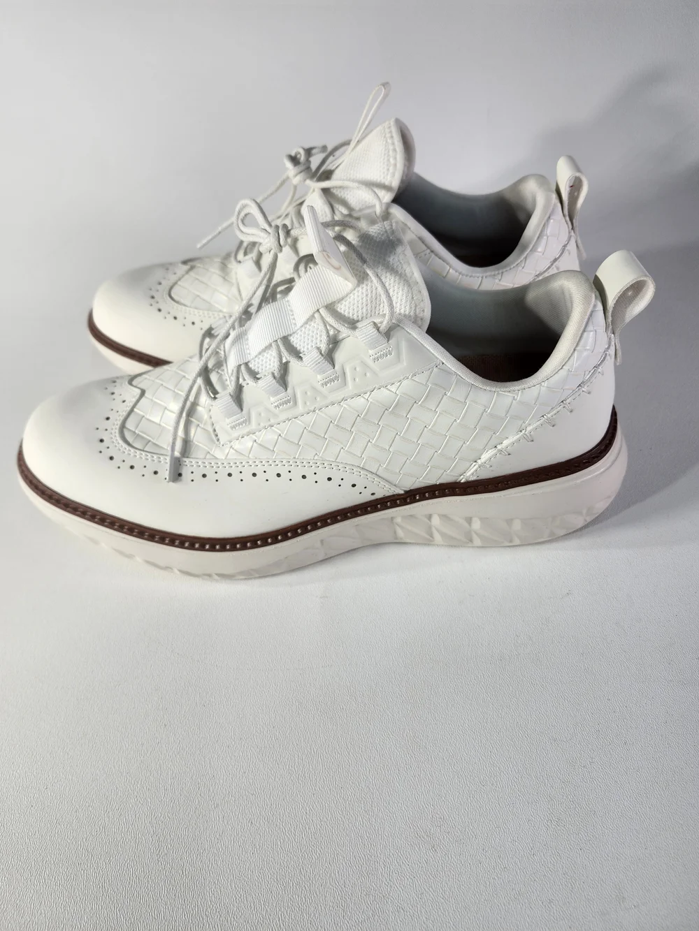White Men’s Woven Leather Sneakers with Brown Trim